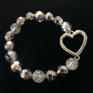 Silver Faceted Beaded Stretchy Heart Bracelet